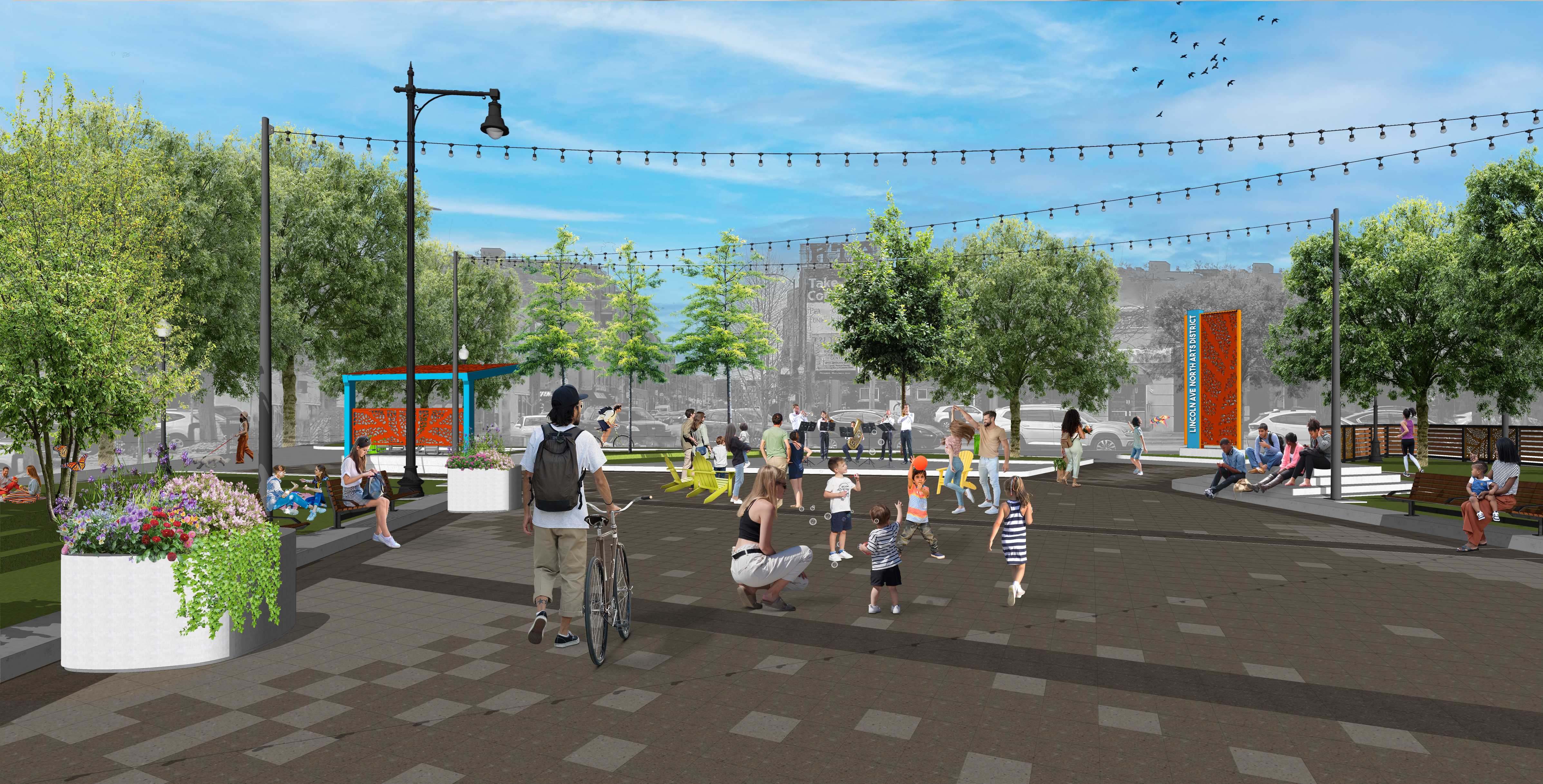 Rendering of People Gathered in Completed Ainslie Arts Plaza 